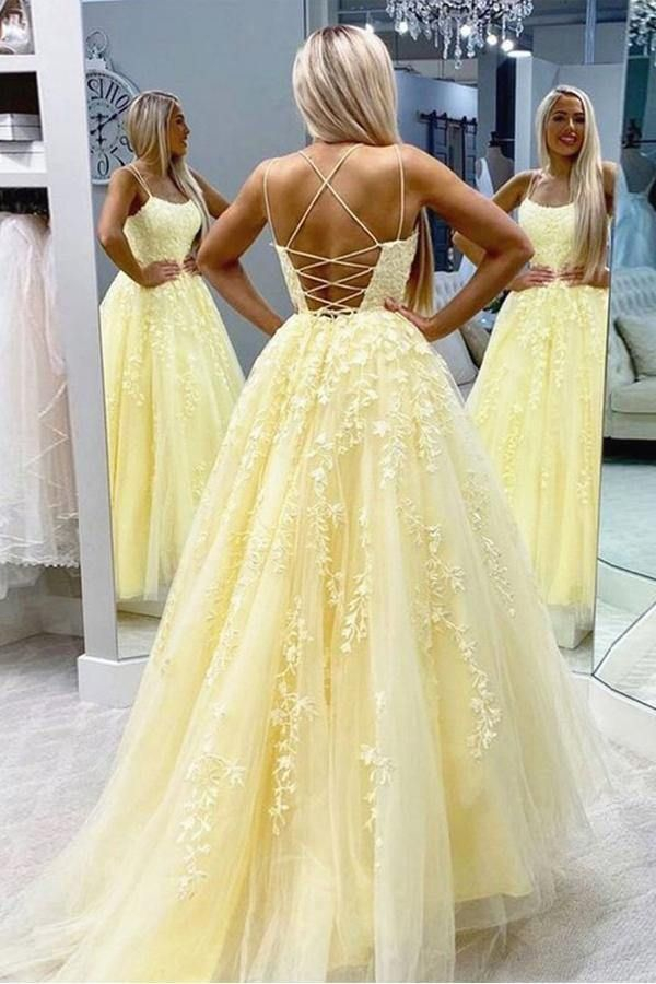 A line Round Neck Yellow Tulle Lace Prom Dresses Formal Dresses PSK032