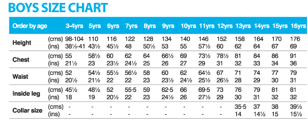 Back To School Size Guide