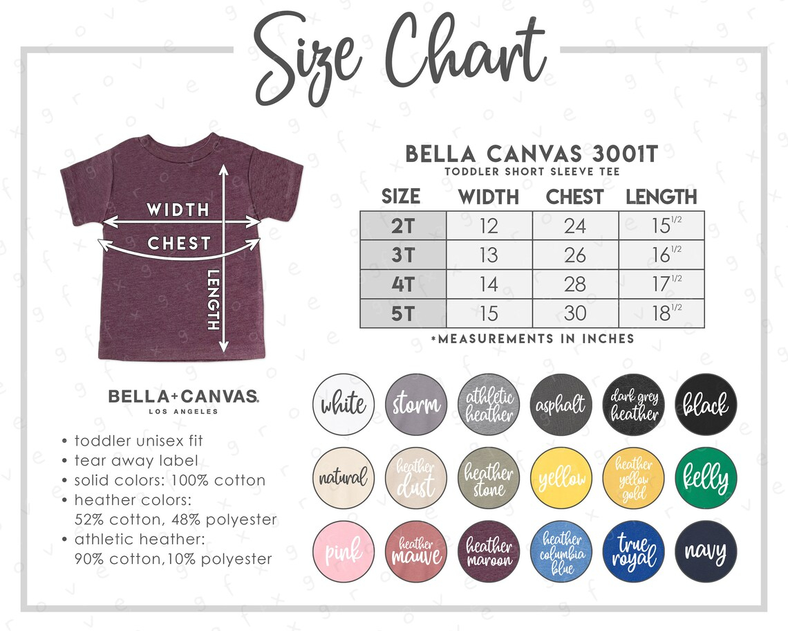 Bella Canvas 3001T Size Color Chart ALL 18 COLORS Etsy - Size-Chart.net