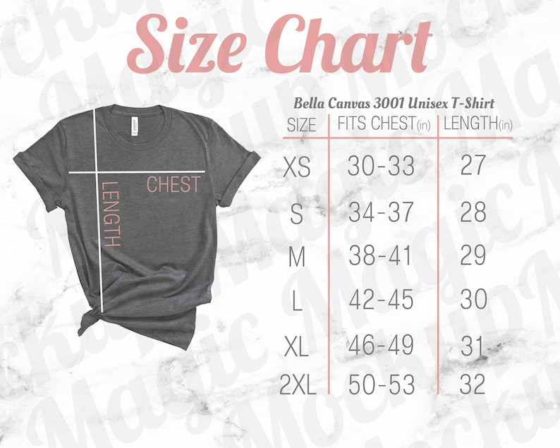 Bella Canvas Size Chart Mockup 3001 Heather Grey Unisex Etsy