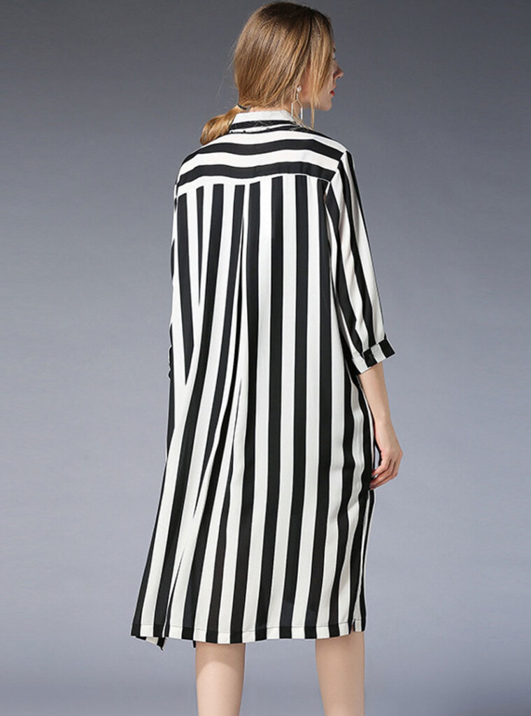 Black And White Loose Striped Midi Shirt Dress Fancylooks