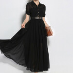 Black Belted Waist Swing Chiffon Maxi Dress Fancylooks