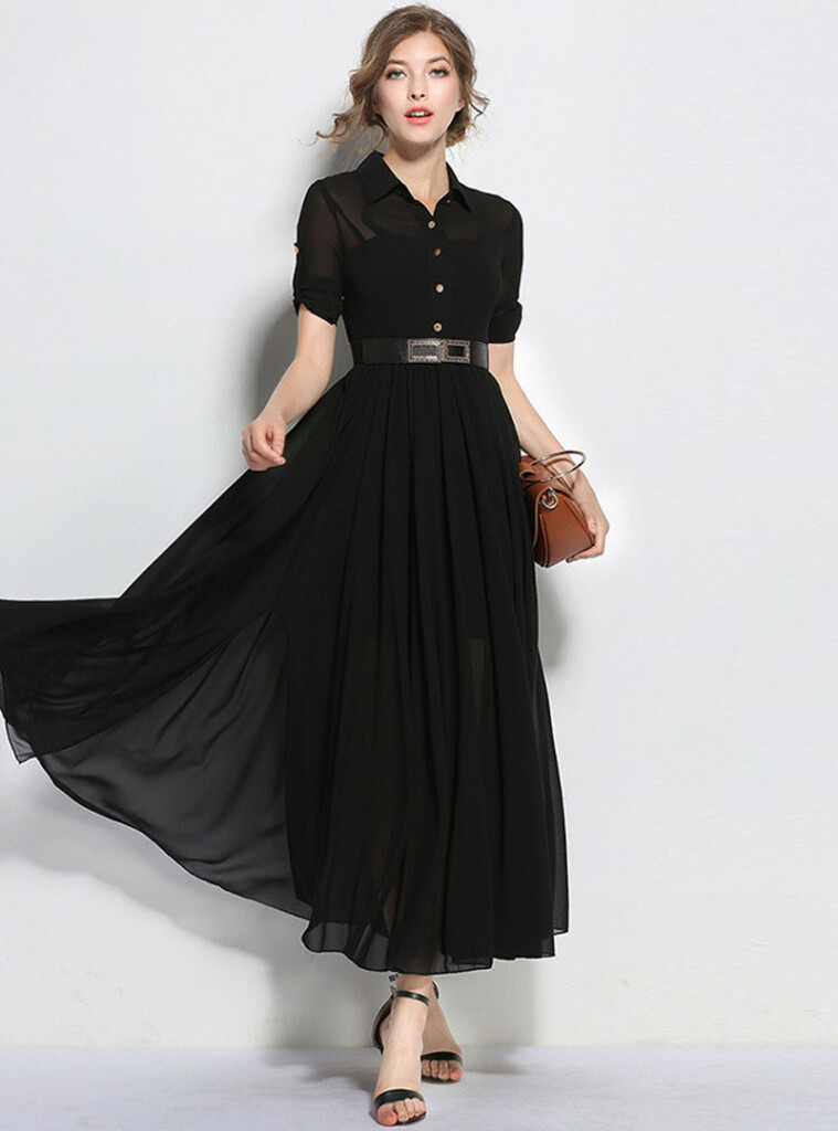 Black Belted Waist Swing Chiffon Maxi Dress Fancylooks