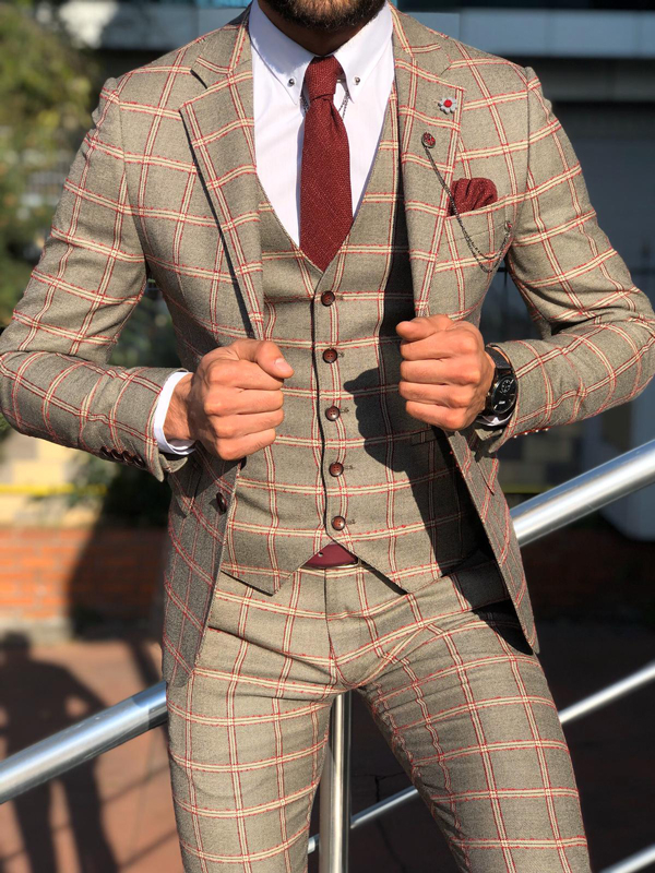 Buy Burgundy Slim Fit Plaid Check Suit By GentWith Free Shipping