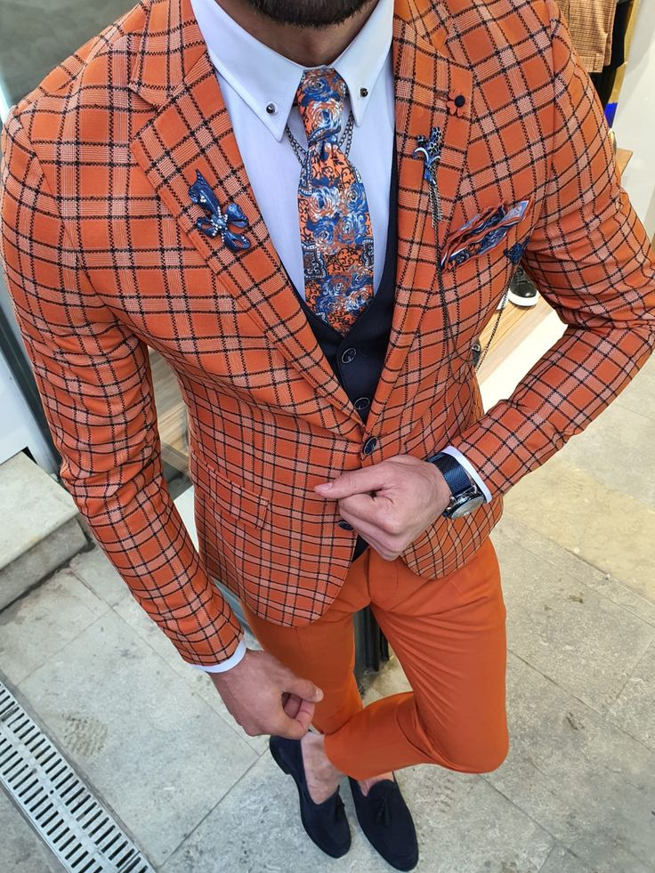 Buy Orange Slim Fit Plaid Suit By GentWith Free Shipping Plaid