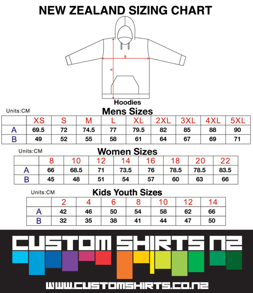 Custom Shirts NZ SIZE CHARTS