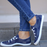 Denim Blue Sneakers With Patch stitched Style And White Sole And Laces