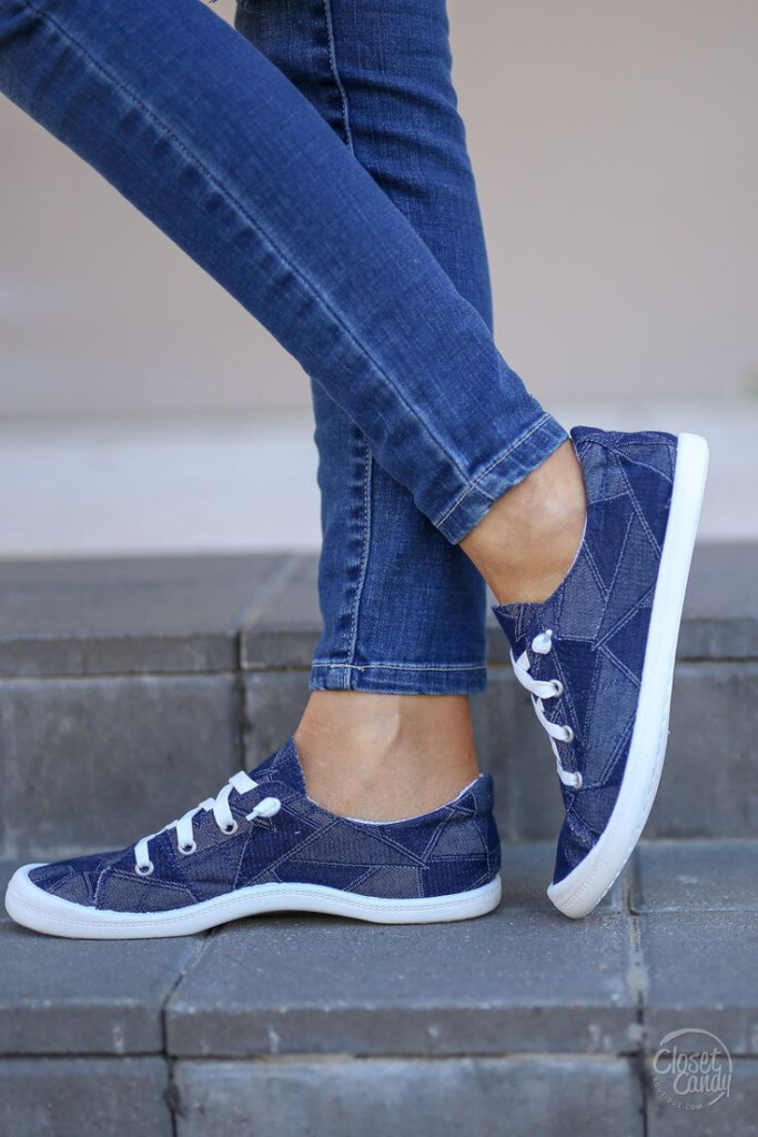 Denim Blue Sneakers With Patch stitched Style And White Sole And Laces 