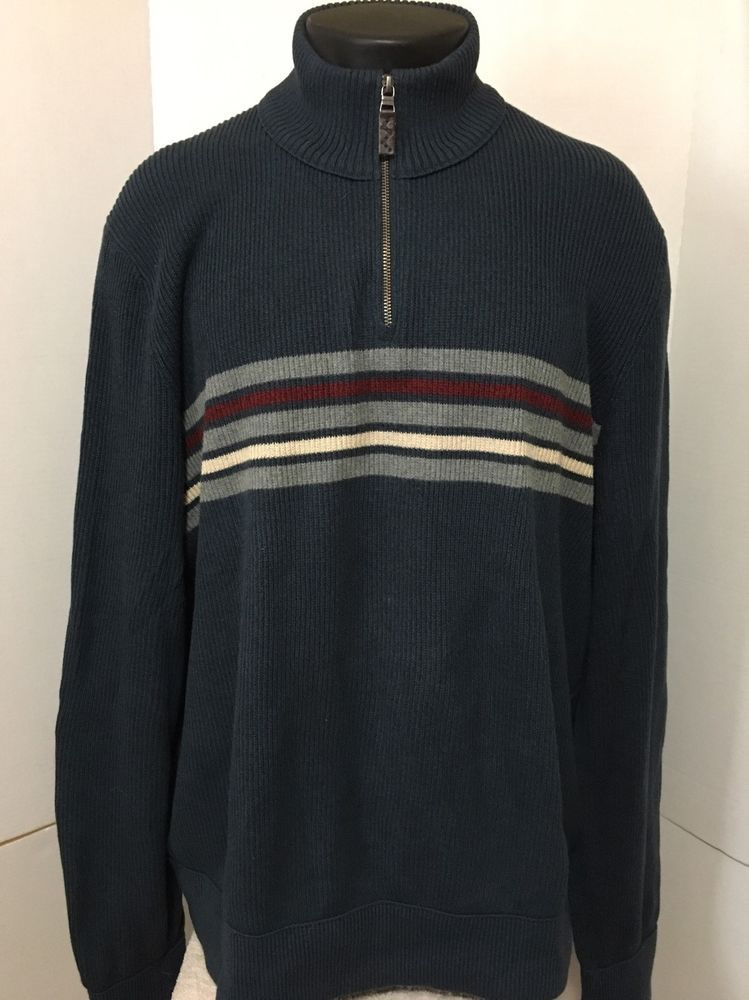 EDDIE BAUER Men s Cotton Sweater 1 4 Zip Mock Neck Blue Striped Size 