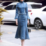 Elegant Belted Denim Mermaid Maxi Dress Fancylooks