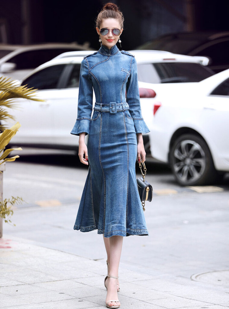 Elegant Belted Denim Mermaid Maxi Dress Fancylooks