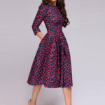 Floral Printed Cinched Waist Round Neck Party Midi Dress Fancylooks