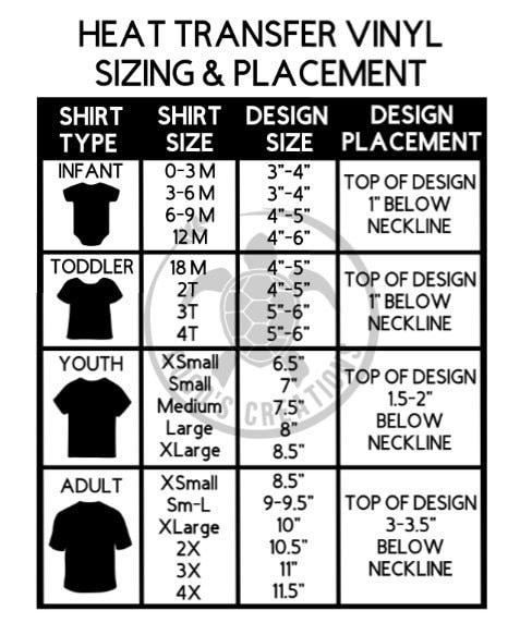 Heat Transfer Vinyl Sizing Placement Chart PNG SVG Etsy