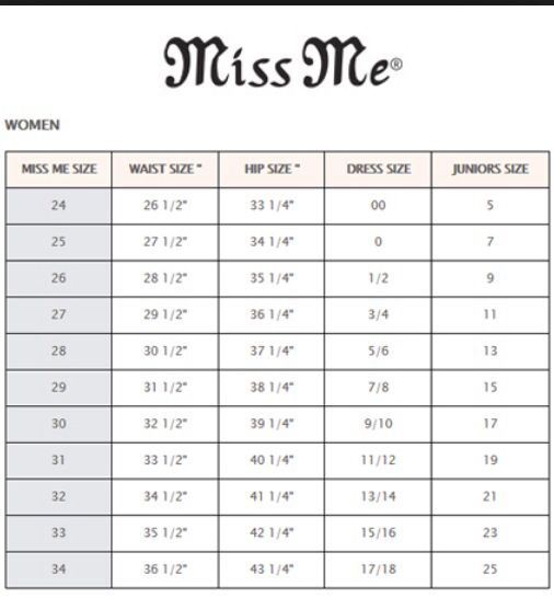 How To Tell What Size You Are In Miss Me s Miss Me Size Chart Miss