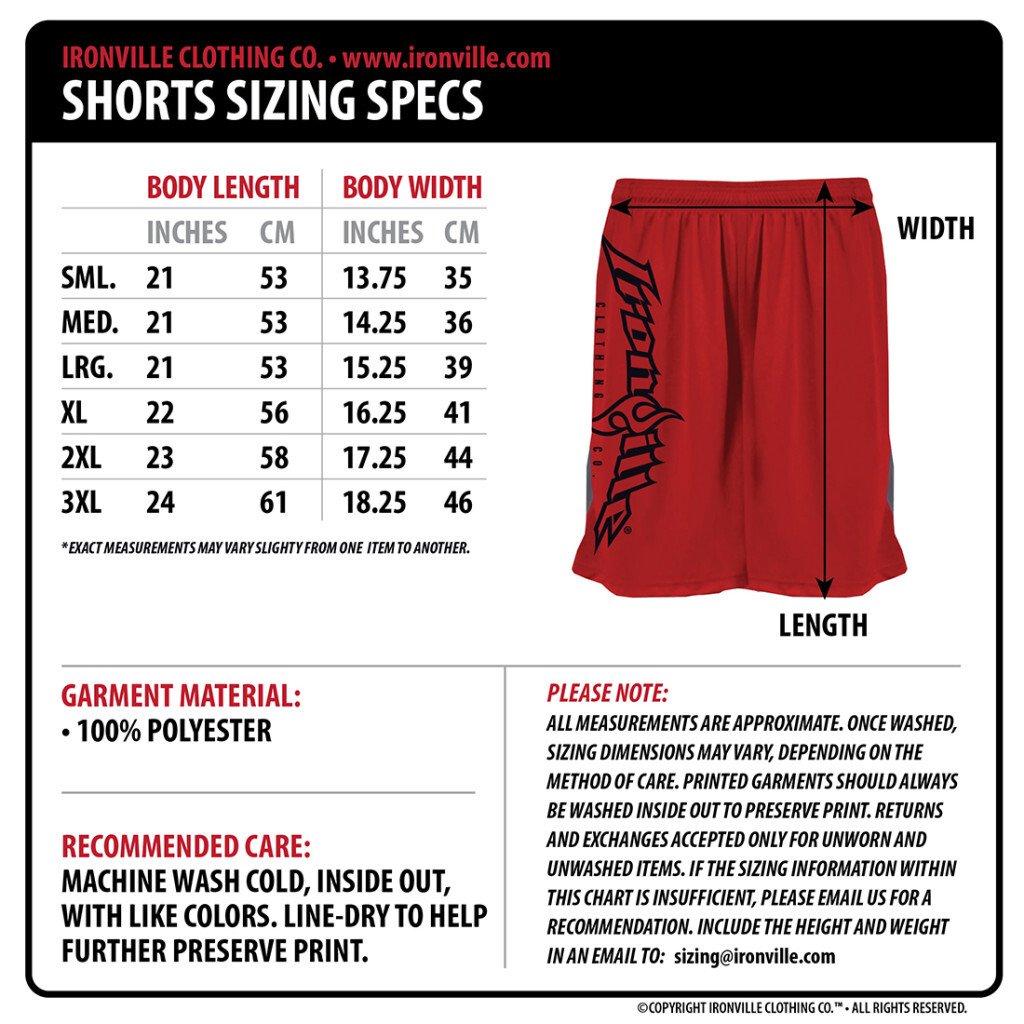 Ironville Size Charts Gym Apparel Measurments Ironville Clothing