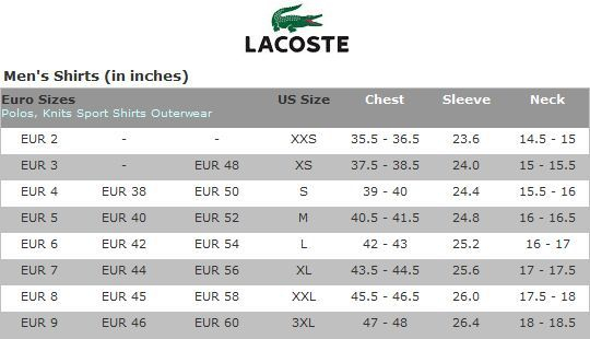 Lacoste Men s Shirt Size Chart Lacoste Men Lacoste Golf Shirts