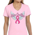 Ladies Breast Cancer Awareness Pink Ribbon Wings Pink Crew Or V Neck