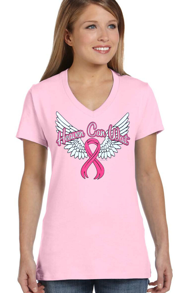 Ladies Breast Cancer Awareness Pink Ribbon Wings Pink Crew Or V Neck 