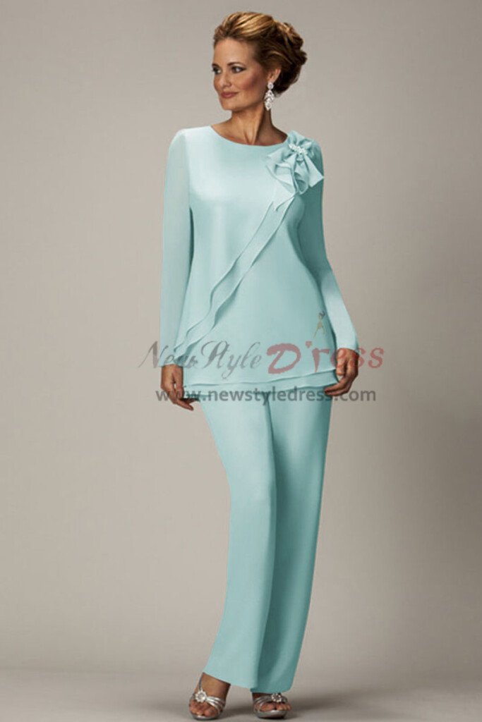 Long Sleeves Light Gray Two Piece Chiffon Mother Of The Bride Pants 