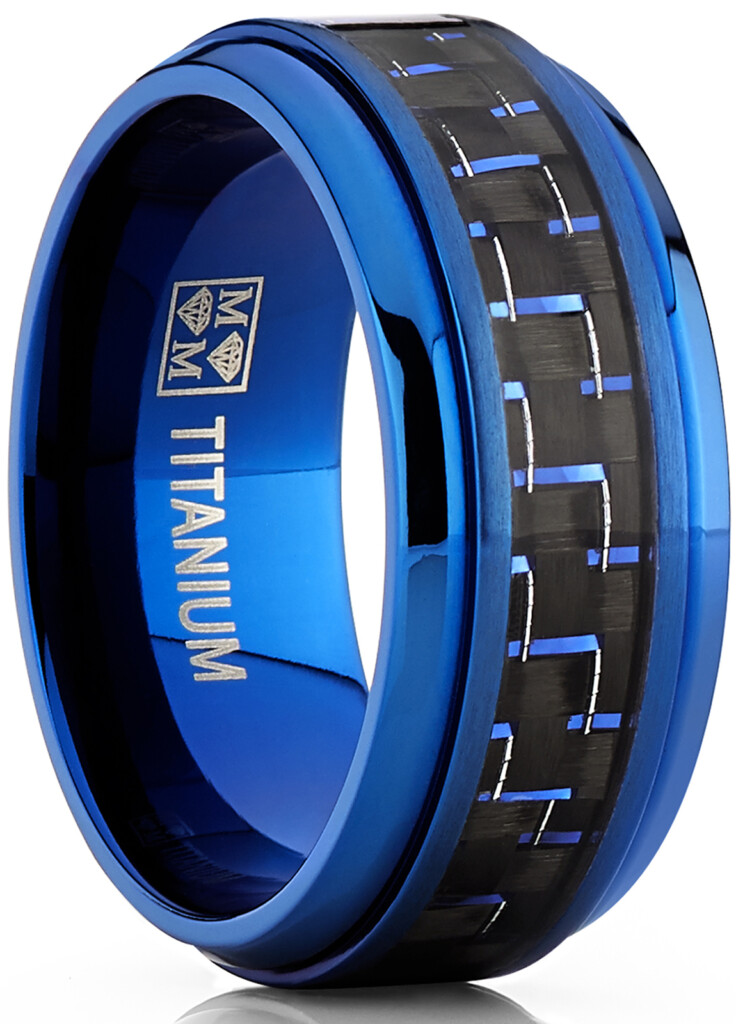 Men s Blue Titanium Wedding Bands Ring With Black And Blue Carbon Fiber 