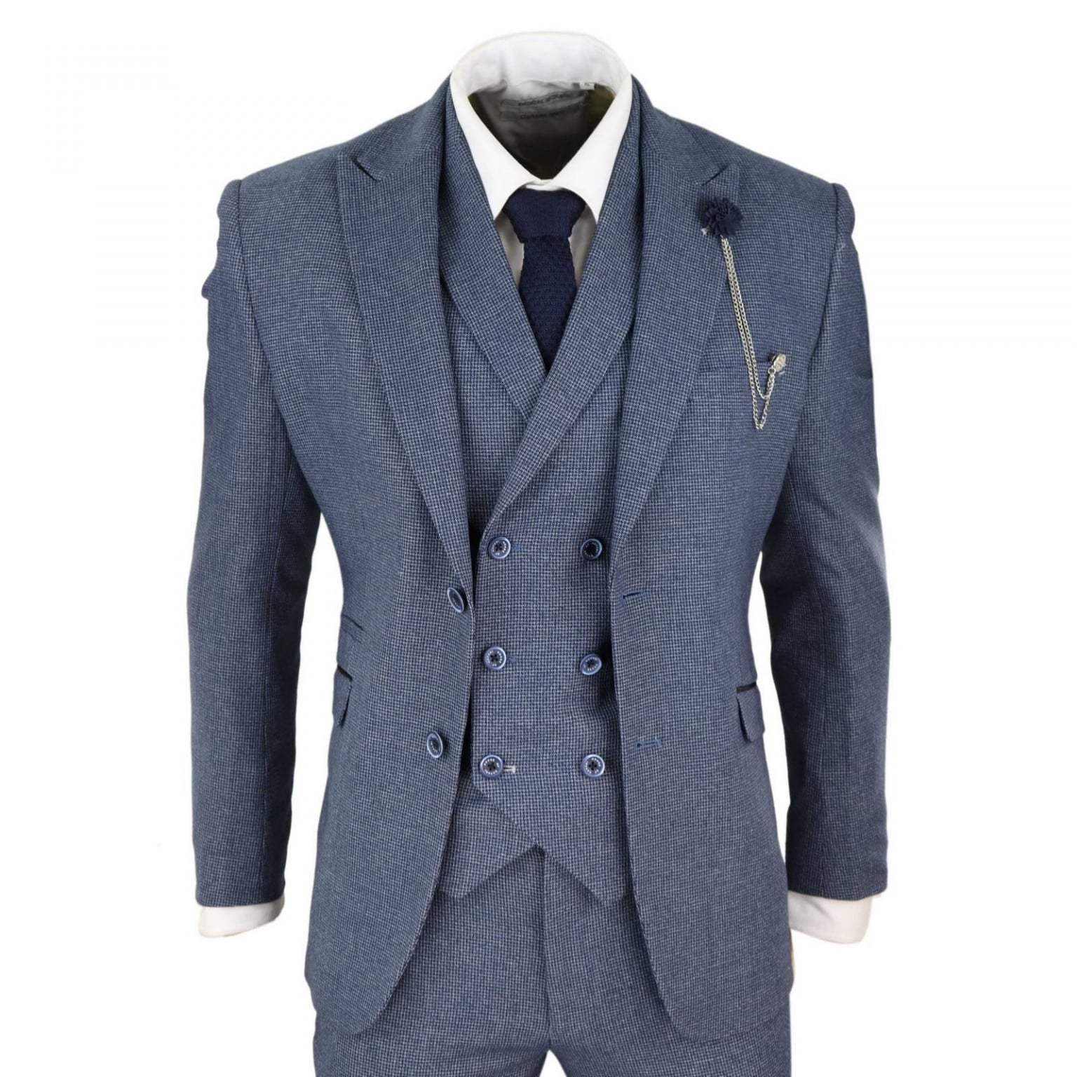 Mens Blue 3 Piece Suit With Double Breasted Waistcoat Happy Gentleman