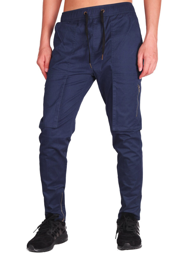 Mens Chino Cargo Pants Casual Trousers Cotton Twill Slim Fit Navy Blue 