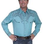 Mens Embroidered Western Shirt Wagon Train