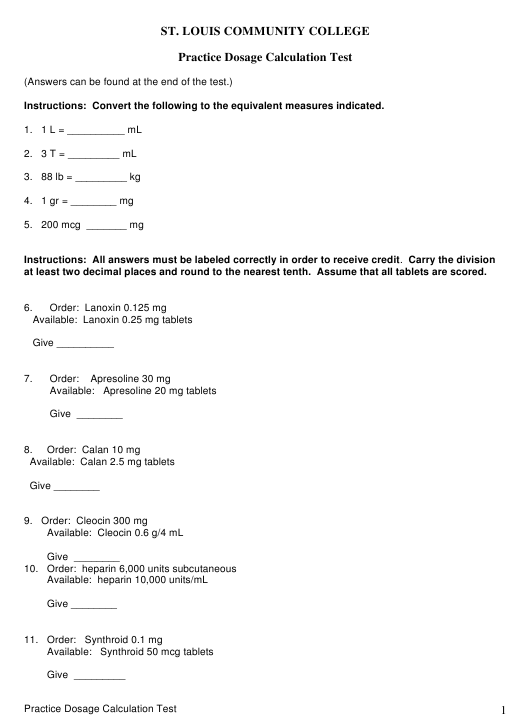 Practice Dosage Calculation Test With Answer Key St Louis Community 