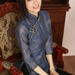 Pretty Print Back Zip Cheongsam Qipao Shirt Blue Chinese Shirts