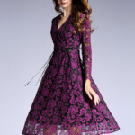 Purple Floral Printed Lace Midi Dress Fancylooks