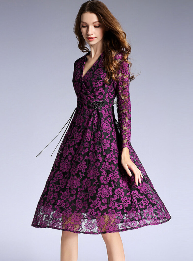 Purple Floral Printed Lace Midi Dress Fancylooks