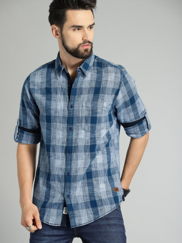 Roadster Men Blue White Checked Structured Casual Shirt Yooobid