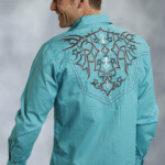 Roper Men s Turqouise Poplin Embroidered Fancy Yoke Long Sleeve Snap