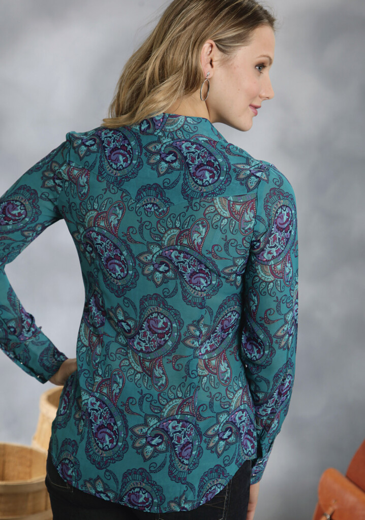 Roper Women s Teal Paisley Chiffon Long Sleeve Snap Western Blouse