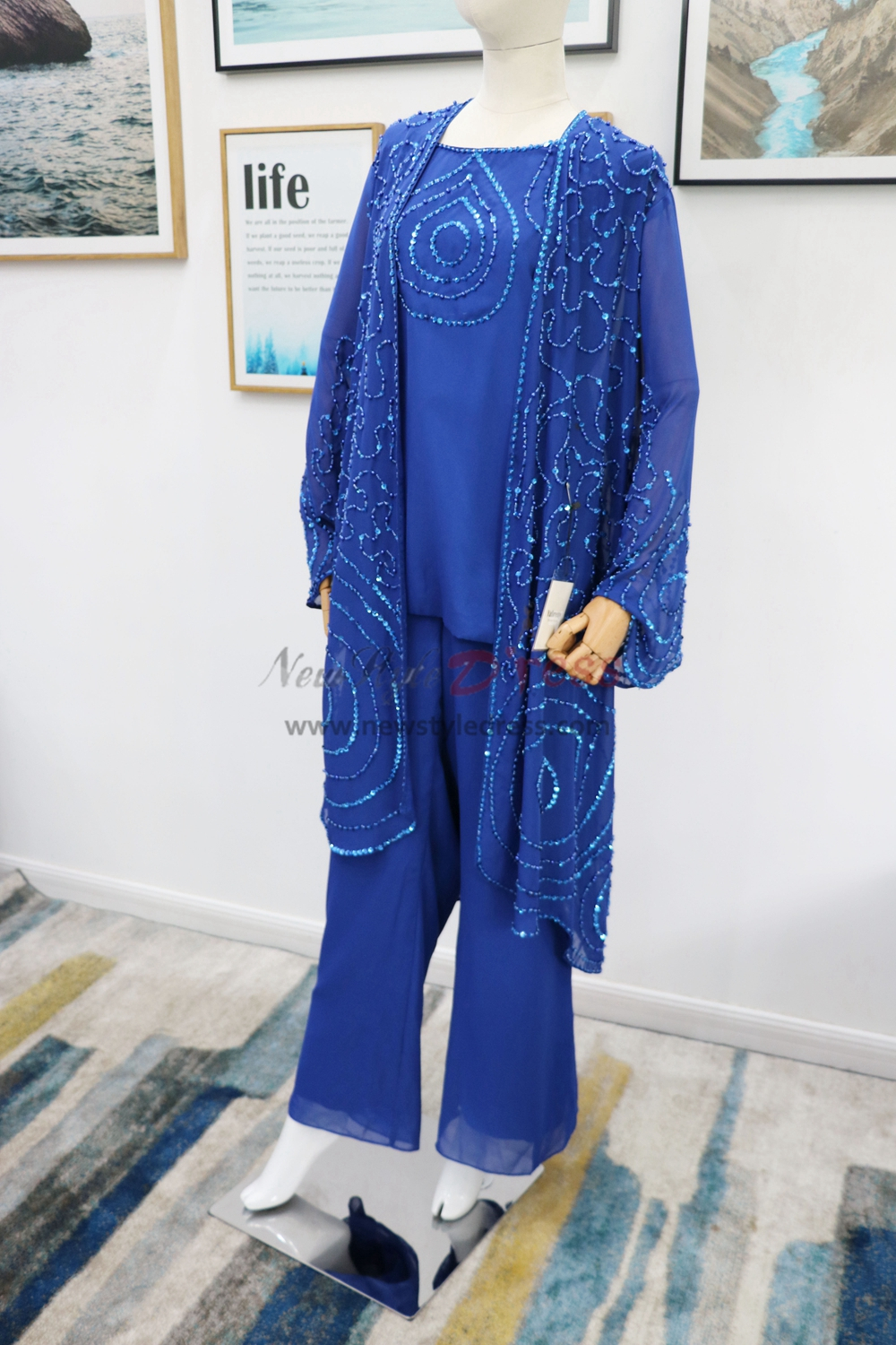 Royal Blue Beaded Mother Of The Bride Pant Suits Plus Size Trousers