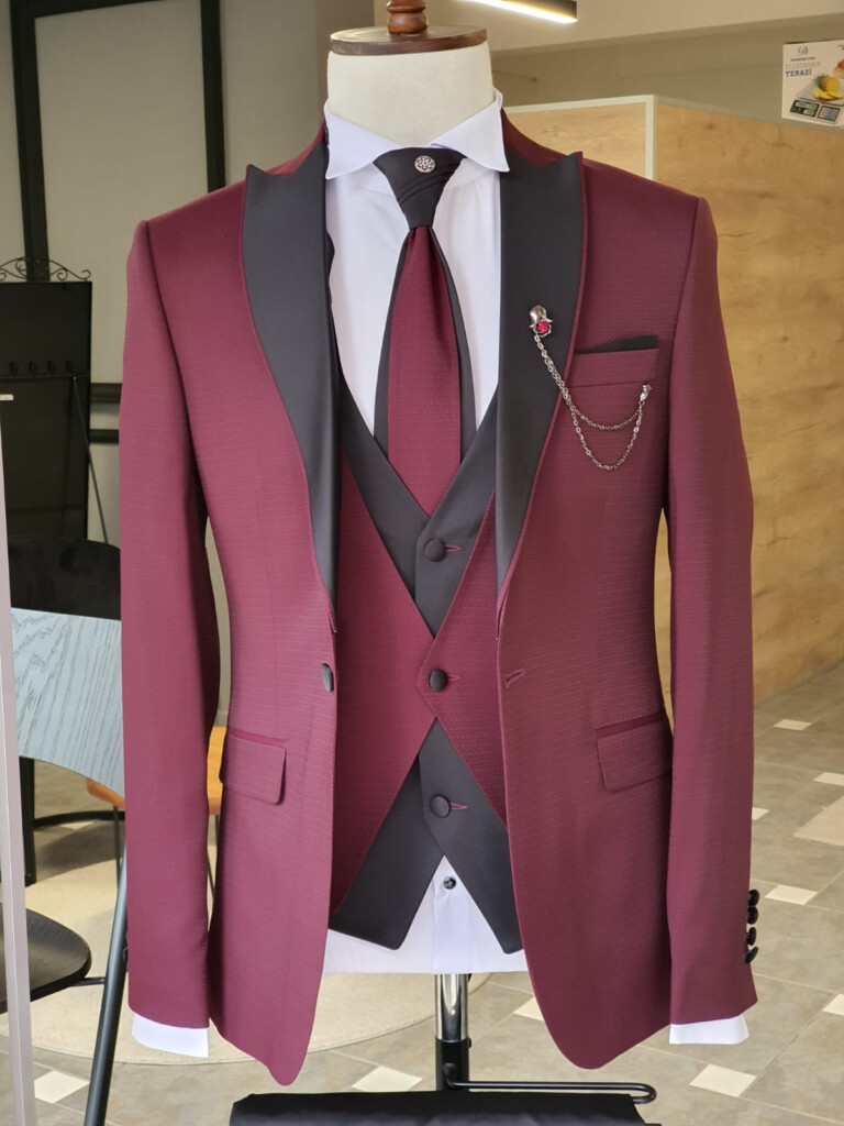 Sardinelli Naples Burgundy Slim Fit Peak Lapel Wedding Suit 