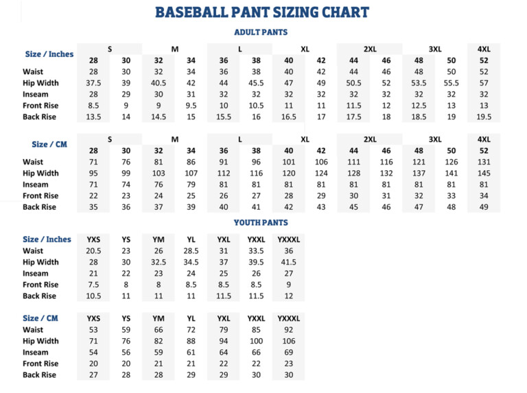 Intensity Youth Softball Pants Size Chart