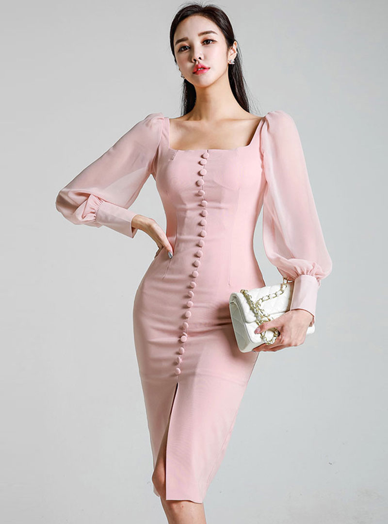 Square Neck Pink Bodycon Cocktail Midi Dress Fancylooks