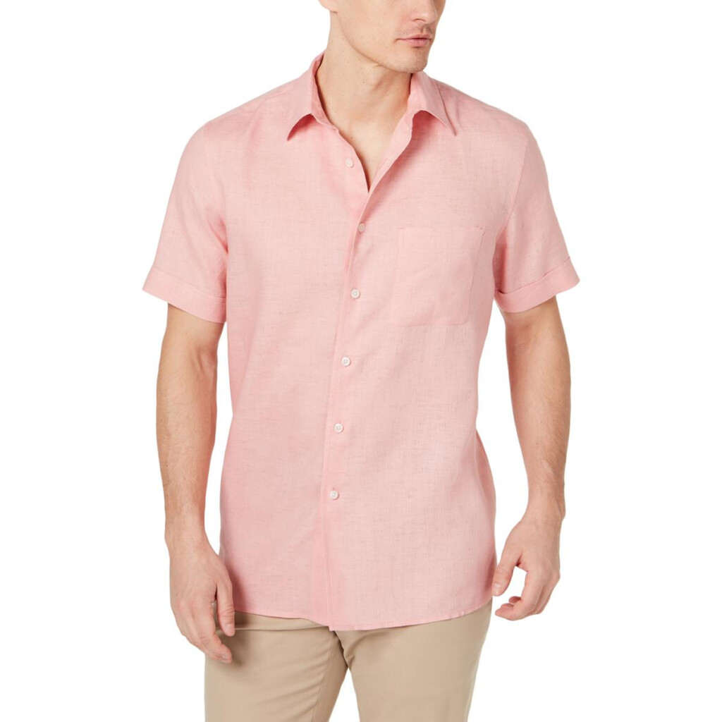 Tasso Elba Island Mens Pink Linen Collared Button Down Shirt Shirt M 