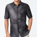 Tasso Elba Leaf Jacquard Silk Linen Blend Short Sleeve Shirt Created