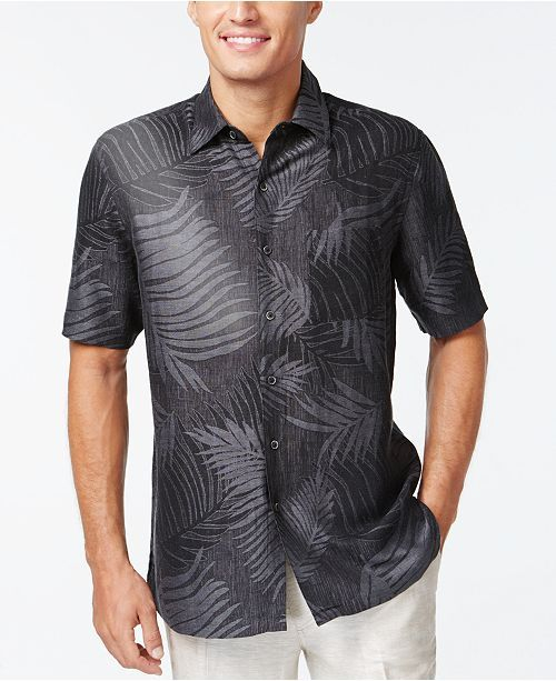 Tasso Elba Leaf Jacquard Silk Linen Blend Short Sleeve Shirt Created 