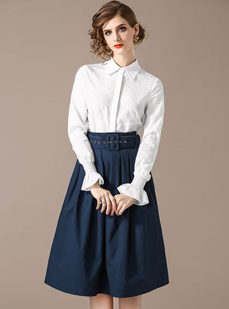 White Chiffon Top Denim Skirt Two Piece Suit Fancylooks