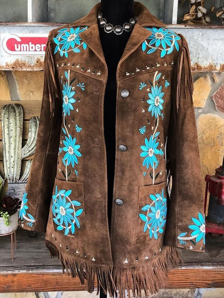 Women Western Faux Suede Coat Embroidered Fringed Plus Size Vintage Ou 