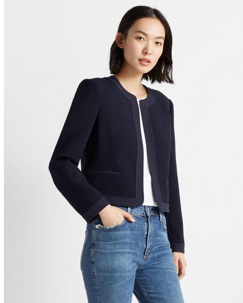 Womens Textured Collarless Jacket Navy Club Monaco Outerwear 